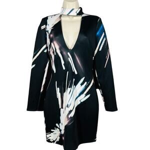 Bebe Deep V Scuba Dress Sparkler Print Collar Neck Long Sleeve Black White - S